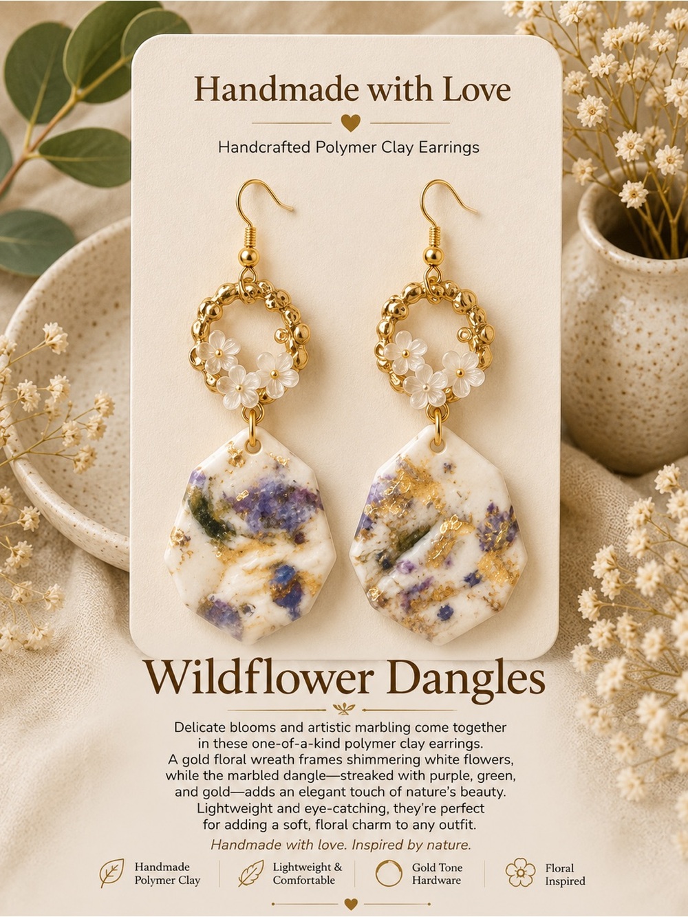 Wildflower Dangle Earrings — Gold, White & Purple